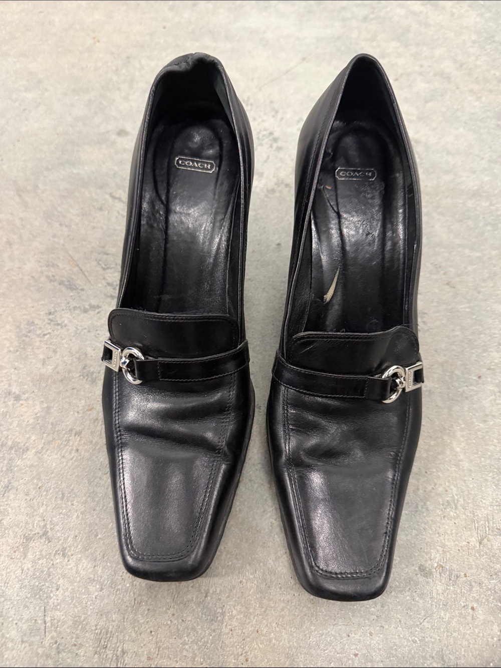 Coach Vintage Black Leather Square-Toe Mules with Silver Bit Accent
